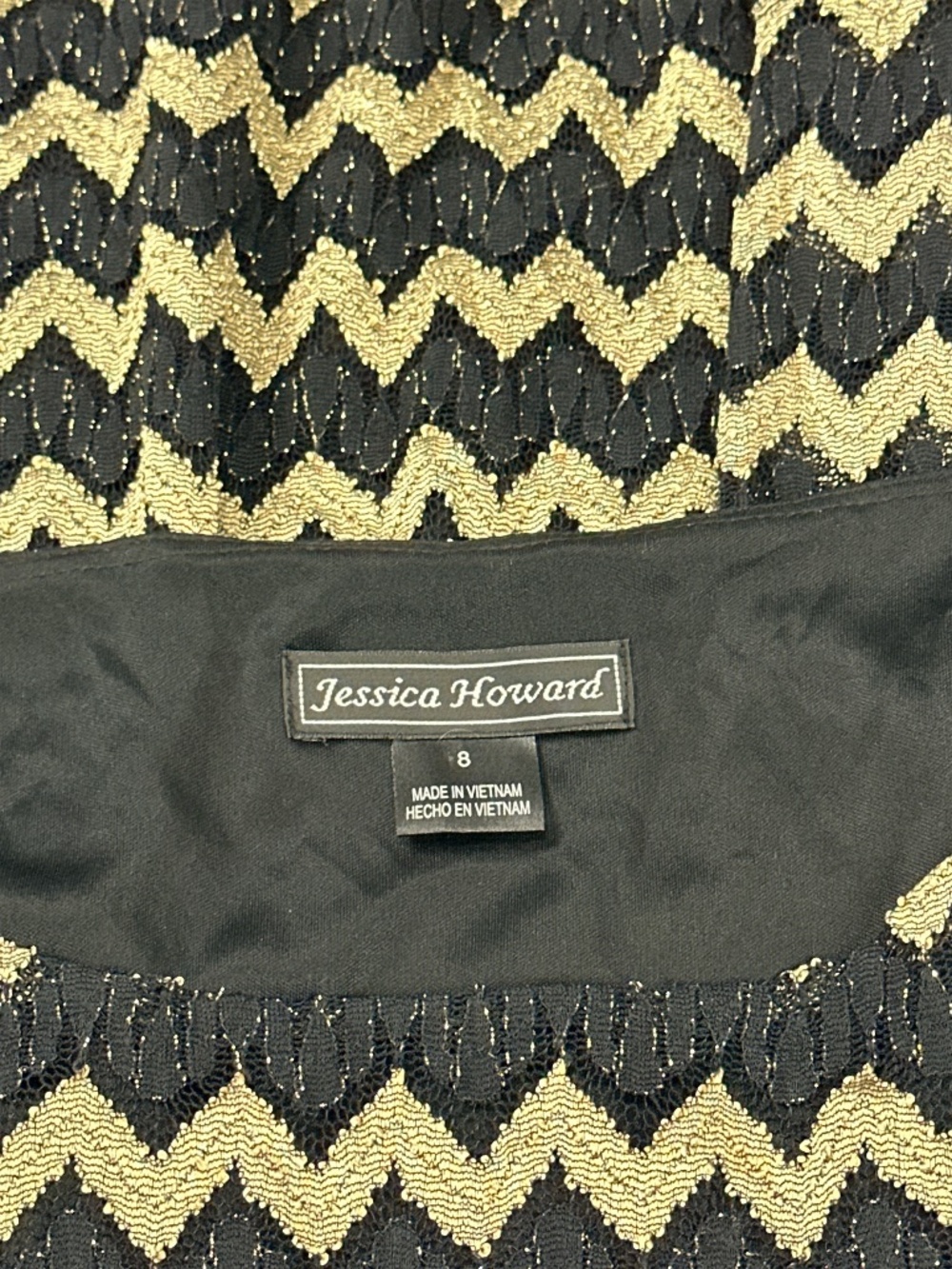 Jessica Howard Black Gold Chevron Lace Dress Size 8 Metallic Long Sleeve - Picture 8 of 10